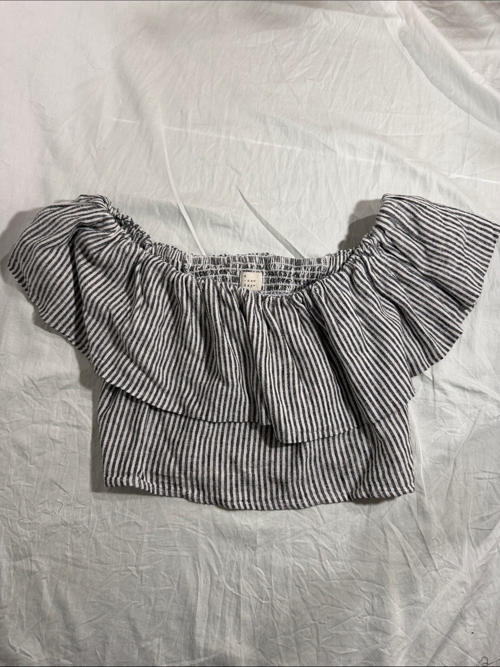 a new day Black & White Striped Off-Shoulder Ruffle Crop Top
